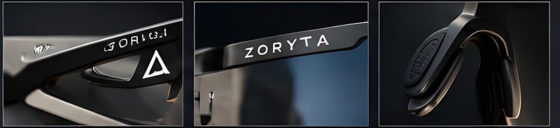 Details: triangular temple cut-out, Zoryta branding, ergonomic nose pads