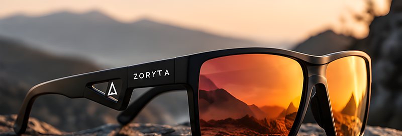 Occhiali Zoryta Nomad su una roccia al tramonto