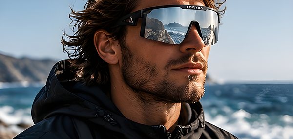 Man wearing Zoryta Horizon silver mirror sunglasses by the sea